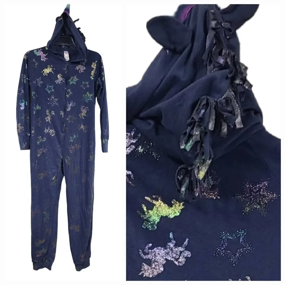Justice Unicorn Hooded Onesie Girls 12 Navy Fleece Union Suit Footless Pajamas